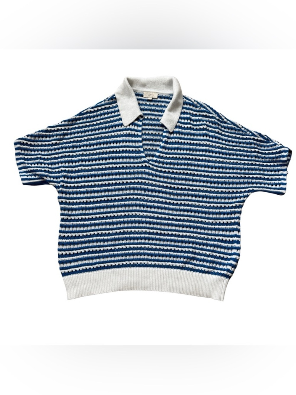 LOFT Striped Crochet Knit Polo Sweater XL Coastal Grandmacore Blue White Boho